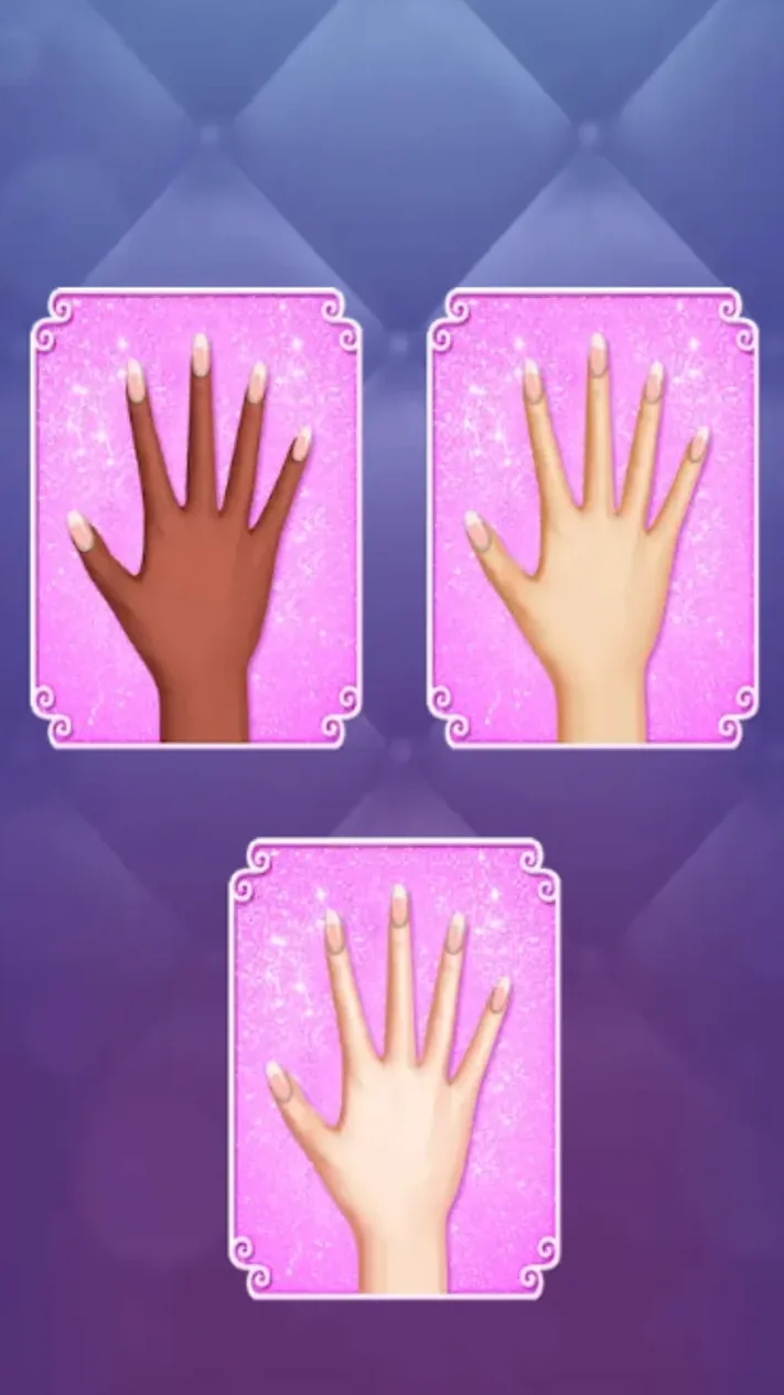 Three hand skin tone choices on pink glitter cards