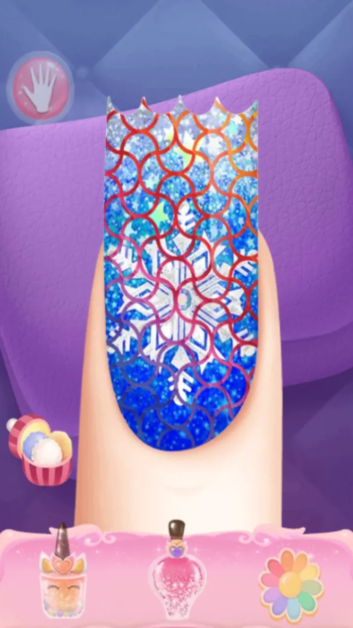 Colored looping pattern layered over the blue snowflake nail