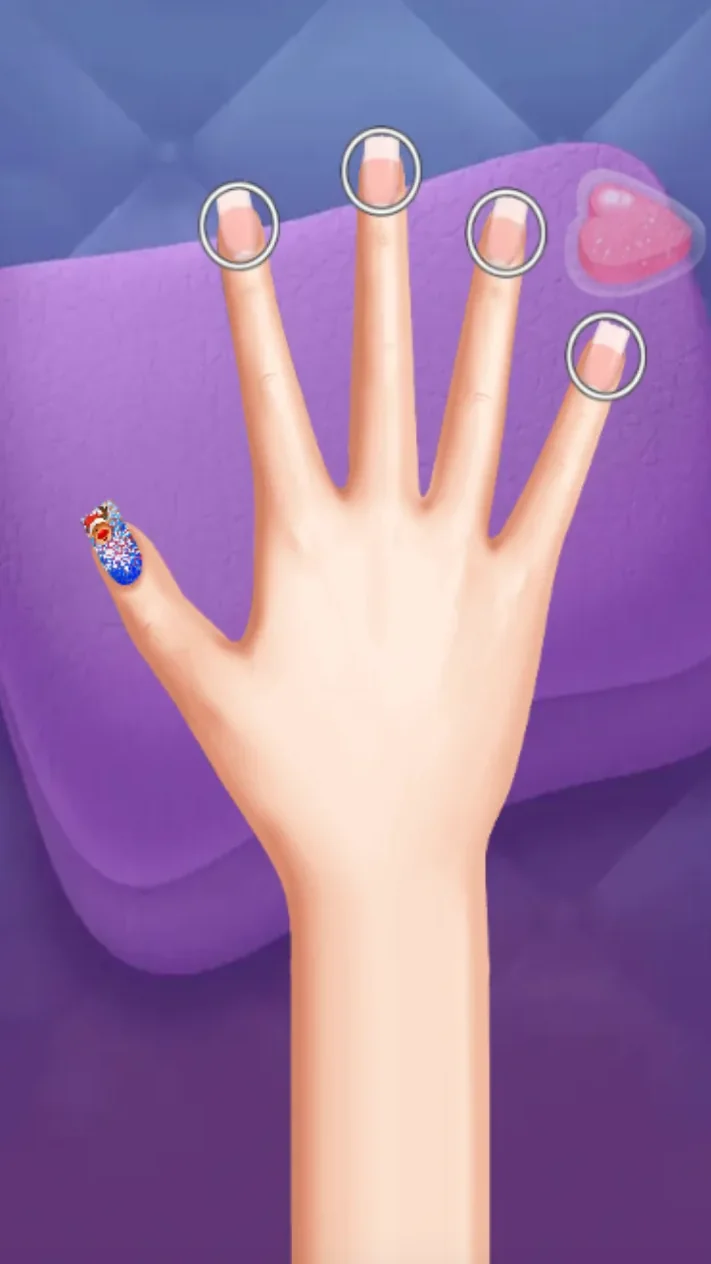 Completed blue thumb nail beside four unfinished fingernails