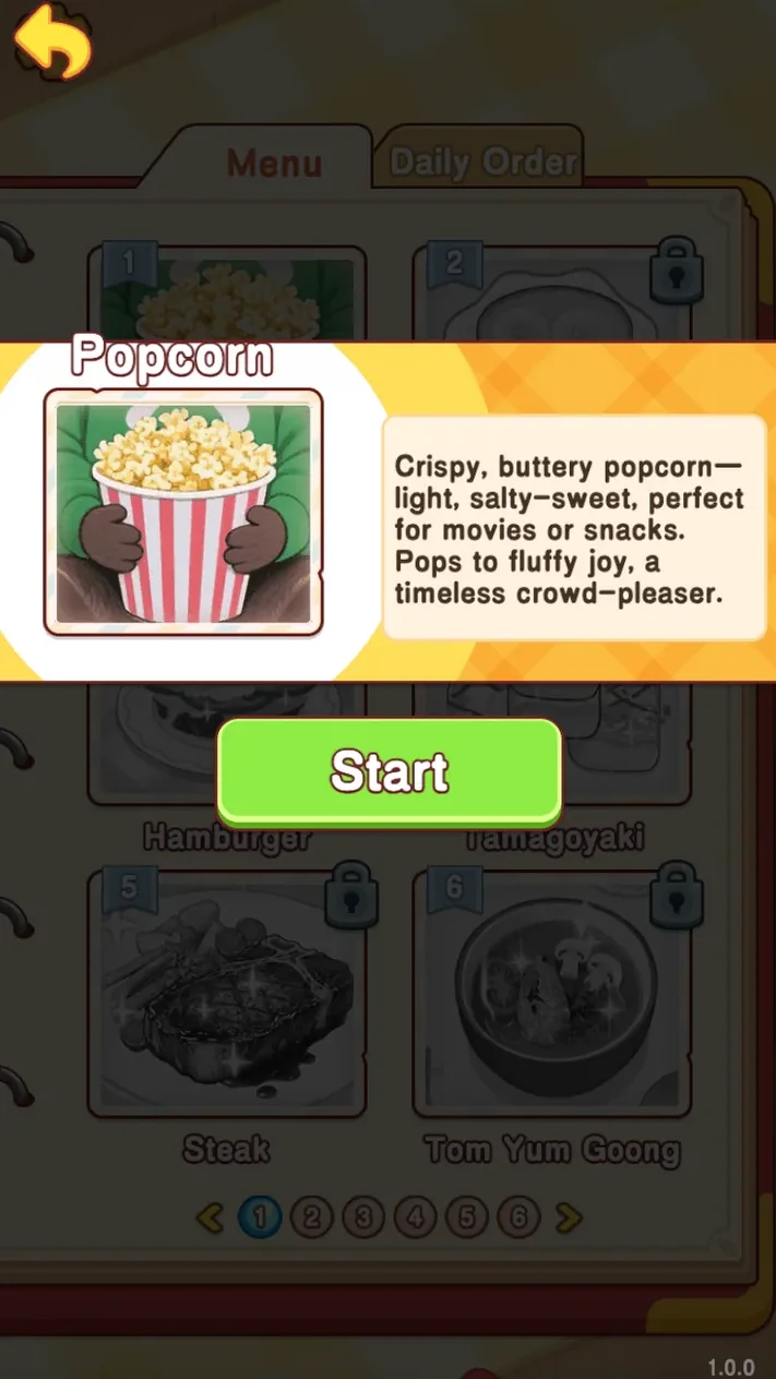 Popcorn recipe description with a large green Start button