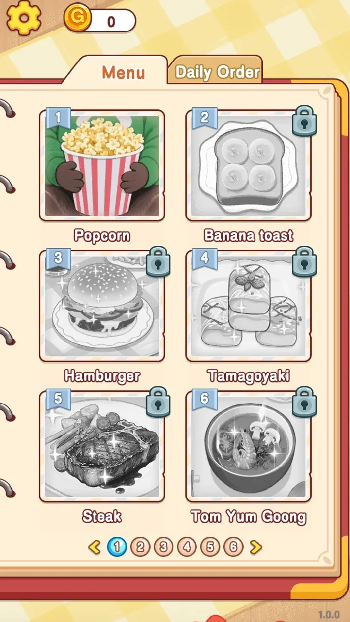 Cooking Dishes recipe menu with popcorn unlocked on page one