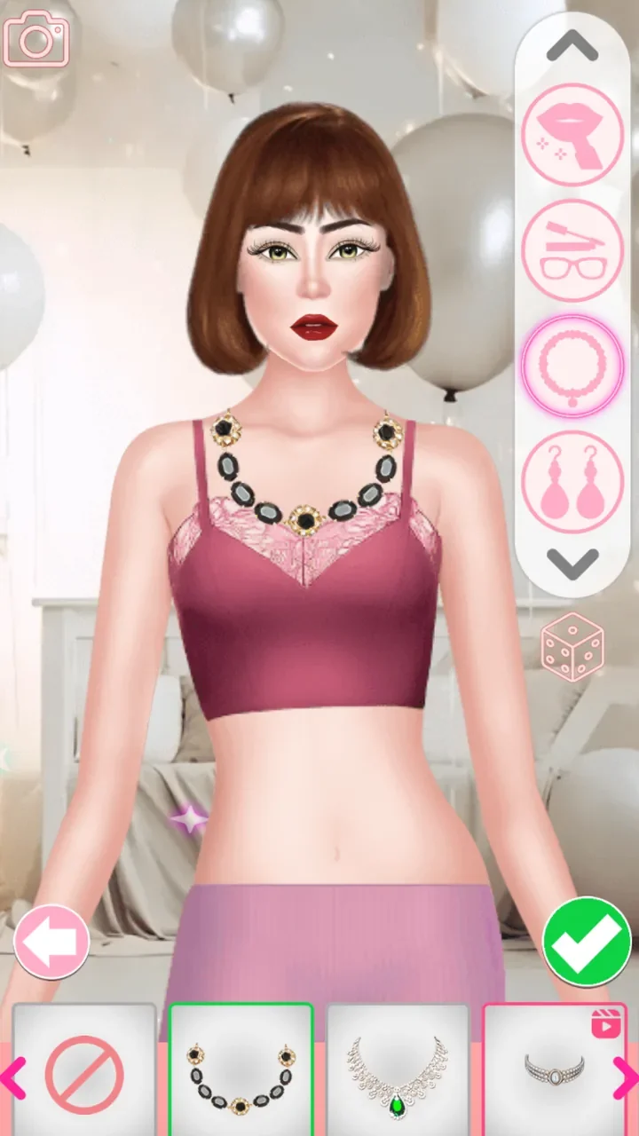 Character wearing a black oval and gold statement necklace