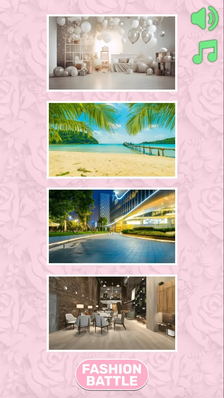 Four Fashion Battle settings including balloons beach city and cafe