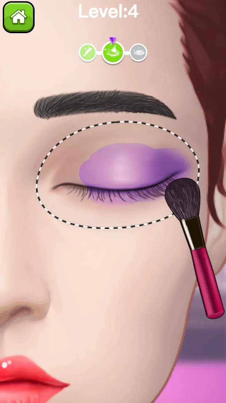 Purple eyeshadow brushed inside the dotted eyelid guide