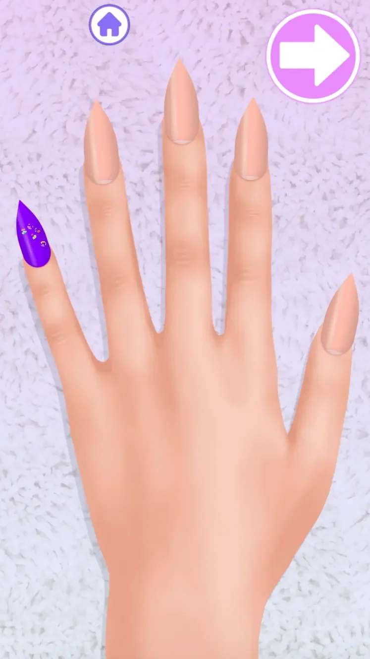 Full hand with one purple flower nail and four plain nails