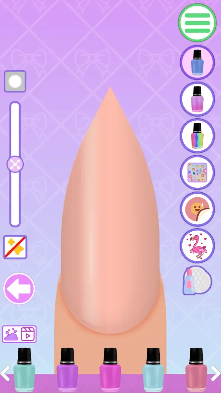 Single pointed nail with polish and decoration buttons around it
