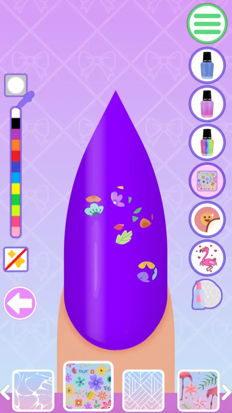 Deep purple pointed nail with small colorful flower details