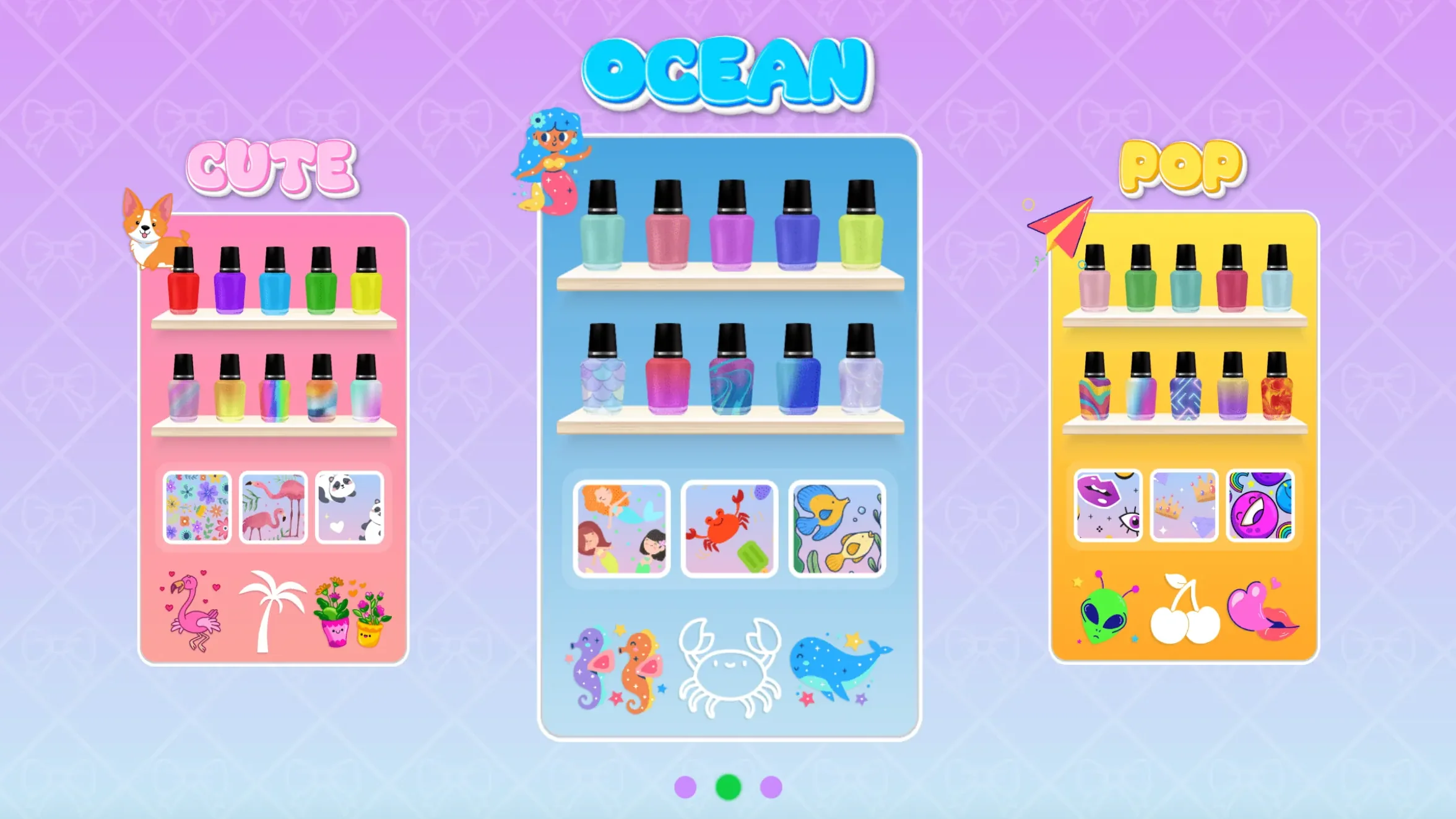 Cute Ocean and Pop manicure sets shown together on a desktop screen