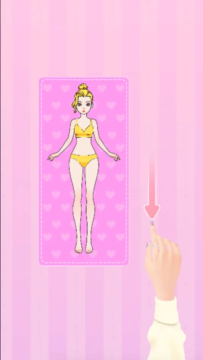 Downward hand prompt confirming the selected paper doll