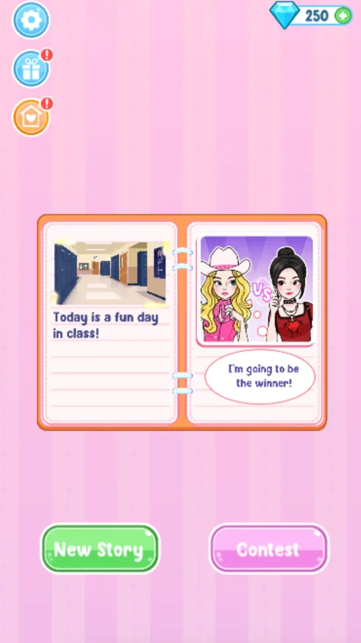 Finished school diary entry with New Story and Contest buttons