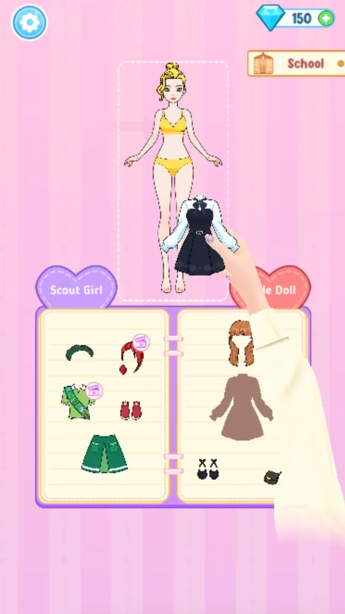 Dragging a dark dress from the diary onto the doll