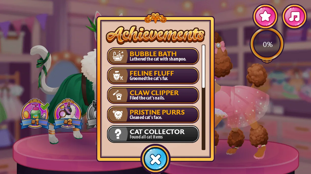 Pet Fashion Stylist achievements list for bath fluff and claw care