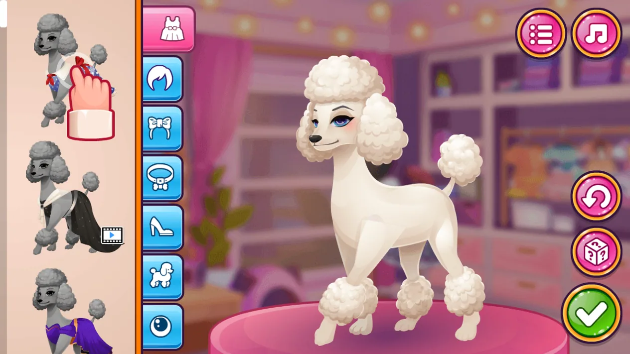 Pet Fashion Stylist outfit screen with clothing categories and poodle options