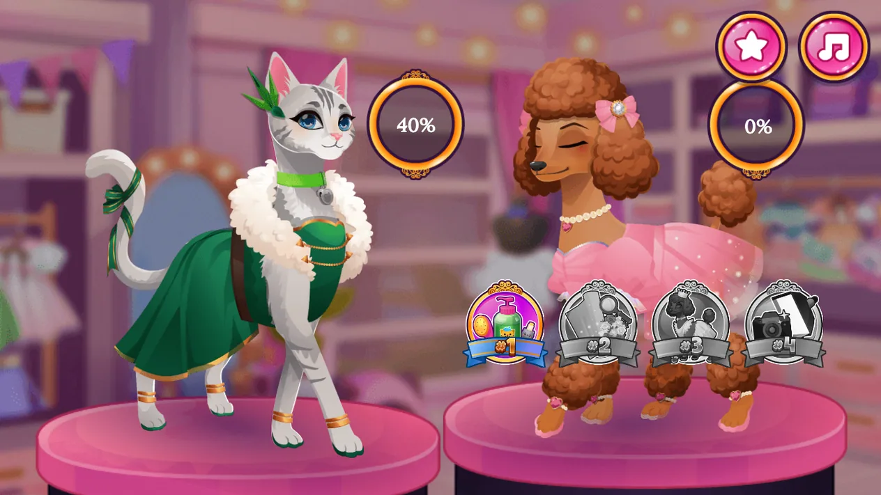 Pet Fashion Stylist cat and dog progress with four numbered step icons